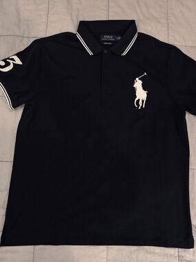 Ralph Lauren Black Polo with White Pony & Collar Trim